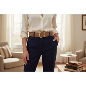 Talbots Womens Genuine Leather Belt With Gold-Tone Decorative Buckle Size L Brow